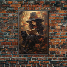 Load image into Gallery viewer, Cute Little Witch Reading Spells To Her Black Cat Familiar, Vintage Halloween Art, Framed Canvas Print, Halloween Canvas Art, Witchcraft
