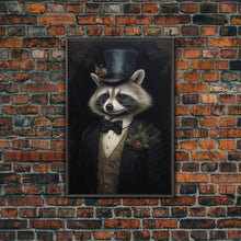 Load image into Gallery viewer, Distinguished Dapper Gentleman Raccoon, Funny Animal Prints, Humorous Art, Framed Canvas, Wall Art, Canvas Print, Funny Halloween Decor