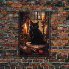 Load image into Gallery viewer, Black Cat Art, Framed Canvas Print, Halloween Canvas Print, Goth Art, Dark Academia, Fall Decor, Witchy Vibes