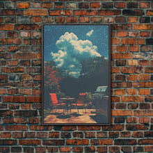 Load image into Gallery viewer, Back Yard Chillin', Summer Vibes, Framed Canvas Print, Retro Midcentury Modern BBQ Art, BBQ During An Eclipse, Liminal Art, Minimalist MCM