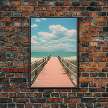 Load image into Gallery viewer, Beach Boardwalk, Vaporwave Summer Vibes, Framed Canvas Print, Retro Midcentury Modern Art, Liminal Art, Minimalist MCM Lakehouse Art