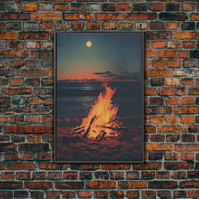 Load image into Gallery viewer, Beach Campfire Under A Full Moon, Photography Print, Framed Canvas Print, Beach House Decor, Coastal Decor, Beach Print, Beach Art