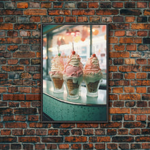 Load image into Gallery viewer, A Strawberry Sunday Kitchen Decor, Ice Cream Art, Framed Canvas Print, Ice Cream Parlor Decor, Icecream Shop Wall Art, MCM Style Decor