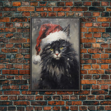 Cargar imagen en el visor de la galería, Christmas Cat In His Christmas Hat, Framed Canvas Print, Holiday Decor, Framed Canvas Print, Seasonal Wall Art