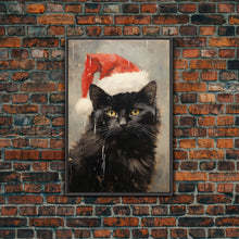 Cargar imagen en el visor de la galería, Christmas Cat In A Christmas Hat, Farmhouse Christmas, Farmhouse Decor, Framed Canvas Print, Seasonal Wall Art, Winter Decor, Christmas Art
