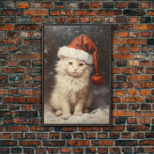 Cargar imagen en el visor de la galería, Christmas Cat In A Christmas Hat, Farmhouse Christmas, Farmhouse Decor, Framed Canvas Print, Seasonal Wall Art, Winter Decor, Christmas Art