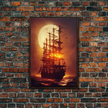 Load image into Gallery viewer, Ghost Ship and Full Moon, Spooky Pirate Ship Art, Framed Canvas Print, Ready To Hang Framed Wall Art, Living Room Wall Hanging