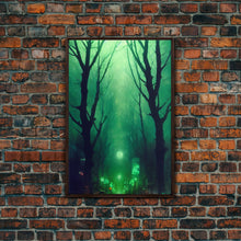 Load image into Gallery viewer, Emerald green city streets under a full moon, cool spooky art, framed canvas print