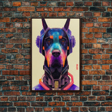 Load image into Gallery viewer, Cyberpunk Dobermann Pinscher Portrait, Watercolor, Framed Canvas Print, Ready To Hang Framed Wall Art, Living Room Wall Hanging