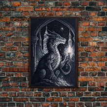 Load image into Gallery viewer, Black and white fantasy dragon, framed canvas print