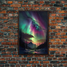 Carregar imagem no visualizador da galeria, Aurora Borealis, Northern Lights Art, framed canvas print, snow capped mountain landscape art