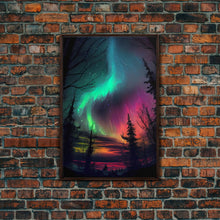 Carregar imagem no visualizador da galeria, Aurora Borealis, Northern Lights Art, framed canvas print, snow capped mountain landscape art