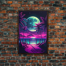 Carregar imagem no visualizador da galeria, Full Moon over a Florida Beach, Palm Trees, Outrun Style Beach Landscape art, framed canvas Print