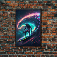 Load image into Gallery viewer, Astronaut surfing the stars, Cosmic Surfer, Galaxy Art, framed canvas print, unique colorful wall art