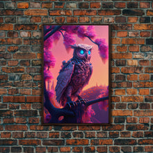 Load image into Gallery viewer, Cyberpunk Robot Owl, framed canvas print, Cybernetic android owl art, vaporwave aesthetic futuristic art