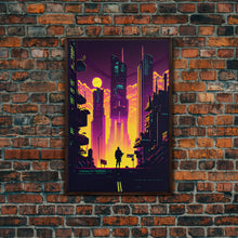 Load image into Gallery viewer, Cyberpunk art, Retrowave style dystopian cityscape art, game room art, framed canvas print, retro wave city skyline