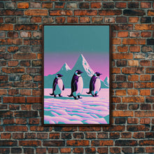Load image into Gallery viewer, Retrowave Penguins in the Arctic, synthwave style wall art, Antarctica art, framed canvas print, cute animal prints
