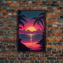 Carregar imagem no visualizador da galeria, 8 bit pixel art sunset, synthwave style palm tree beach, framed canvas print, framed wall art painting