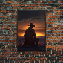 Carregar imagem no visualizador da galeria, A cowboy and his horse at sunset, framed canvas art, canvas print, western decor, farmhouse art