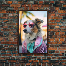 Load image into Gallery viewer, Border Collie Wall Print, Dog Wall Art, Dog With Shades, Pink Hoodie, Funny Art, Framed Wall Art, Framed Canvas, Wall Print, Wall Canvas