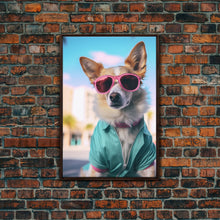 Cargar imagen en el visor de la galería, Corgi Wall Print, Dog Wall Art, Dog Sunglasses, Teal Shirt, Funny Wall Art, Framed Wall Art, Framed Canvas, Wall Print, Wall Canvas