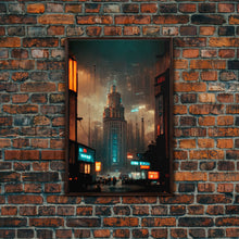 Load image into Gallery viewer, Art Deco Cyberpunk Cityscape Canvas Print, Scifi art, cool wall art for mancave, dystopian art, architecture