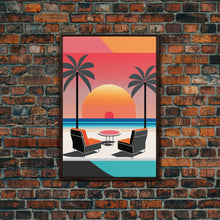 Cargar imagen en el visor de la galería, Framed Canvas Print - Art Deco Sunset, Minimalist Beach, Palm Trees, Retro Style, Synthwave, Vaporwave, Minimalist Abstract Decor
