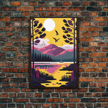 Load image into Gallery viewer, Colorful Pop Art Picture of a Mountain and Forest Landscape, Framed Canvas Print, Surrealist High Contrast Cel Shaded Landscape Art