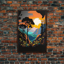Load image into Gallery viewer, Colorful Pop Art Picture of a Mountain and Forest Landscape, Framed Canvas Print, Surrealist High Contrast Cel Shaded Landscape Art