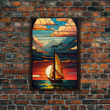 Load image into Gallery viewer, Art Deco Wall Art, Sailboat and Sunset Framed Canvas Print, Art Deco / MCM Wall Art, Stained Glass Reflections