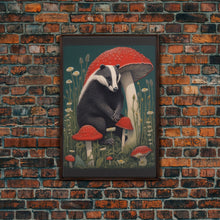 Carregar imagem no visualizador da galeria, Badger Wall Decor, Cute Badger, Mushrooms Wall Decor, Animal Wall Art, Wall Decor, Canvas Print, Wall Art, Framed Canvas