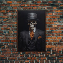 Load image into Gallery viewer, Spooky Skeleton Business Man, Halloween Art, Framed Canvas Print, Halloween Canvas, Skeleton Painting, Victorian Gothic Decor