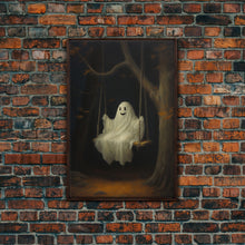 Load image into Gallery viewer, The Happy Playground Ghost, Funny Halloween, Vintage Halloween Canvas, Framed Canvas Print, Cute Wall Art, Ghost On A Swing, Macabre Art