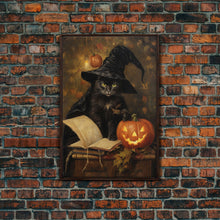 Cargar imagen en el visor de la galería, Cute Witch Cat Reading Her Book Of Spells, Vintage Halloween Art, Framed Canvas Print, Halloween Canvas Art, Witchcraft