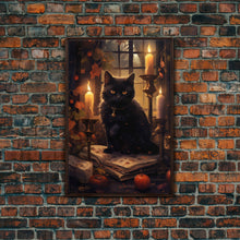 Load image into Gallery viewer, Black Cat Art, Framed Canvas Print, Halloween Canvas Print, Goth Art, Dark Academia, Fall Decor, Witchy Vibes