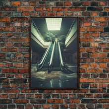 Load image into Gallery viewer, Escalator, Abandoned Building, Moody Wall Art, Horror Art Print, Canvas Print, Wall Hanging, Portrait Art, Nerdy Home Decor, Bedroom Prints