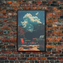 Load image into Gallery viewer, Back Yard Chillin', Summer Vibes, Framed Canvas Print, Retro Midcentury Modern BBQ Art, BBQ During An Eclipse, Liminal Art, Minimalist MCM