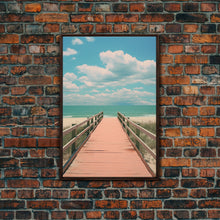 Load image into Gallery viewer, Beach Boardwalk, Vaporwave Summer Vibes, Framed Canvas Print, Retro Midcentury Modern Art, Liminal Art, Minimalist MCM Lakehouse Art
