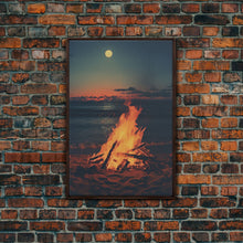Load image into Gallery viewer, Beach Campfire Under A Full Moon, Photography Print, Framed Canvas Print, Beach House Decor, Coastal Decor, Beach Print, Beach Art