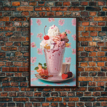 Load image into Gallery viewer, A Strawberry Sunday, Ice Cream Art, Framed Canvas Print, Ice Cream Parlor Decor, Icecream Shop Wall Art, MCM Style Decor, Kitchen decor