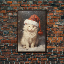Cargar imagen en el visor de la galería, Christmas Cat In A Christmas Hat, Farmhouse Christmas, Farmhouse Decor, Framed Canvas Print, Seasonal Wall Art, Winter Decor, Christmas Art