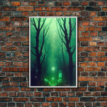 Load image into Gallery viewer, Emerald green city streets under a full moon, cool spooky art, framed canvas print