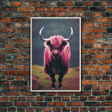 Cargar imagen en el visor de la galería, Colorful farmhouse art, Highland cow, Scotland cattle, framed canvas print, pink cow