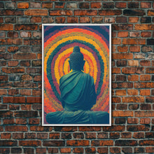 Cargar imagen en el visor de la galería, Colorful rainbow Buddha facing a ring of flowers, framed canvas print, yoga studio art