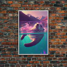 Carregar imagem no visualizador da galeria, Cute Otter going for a swim, pastel retro style art, framed canvas print, Otter out for a swim in a mountain lake