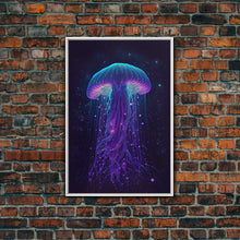 Carregar imagem no visualizador da galeria, Bioluminescent Jellyfish against a Starry night sky, Cosmic Jelly Fish, Framed Canvas Print, synthwave style art
