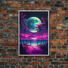 Carregar imagem no visualizador da galeria, Full Moon over a Florida Beach, Palm Trees, Outrun Style Beach Landscape art, framed canvas Print