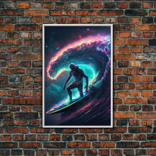 Load image into Gallery viewer, Astronaut surfing the stars, Cosmic Surfer, Galaxy Art, framed canvas print, unique colorful wall art