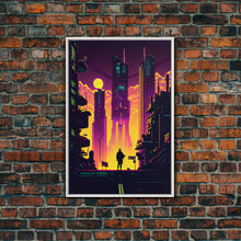 Load image into Gallery viewer, Cyberpunk art, Retrowave style dystopian cityscape art, game room art, framed canvas print, retro wave city skyline