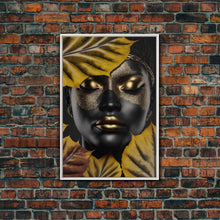 Load image into Gallery viewer, Beautiful Woman Art Framed Canvas Print Black Gold Woman Wall Art Lady Print, Gold Face Leaves Palm decor ready to hang Ethnic girl portrait